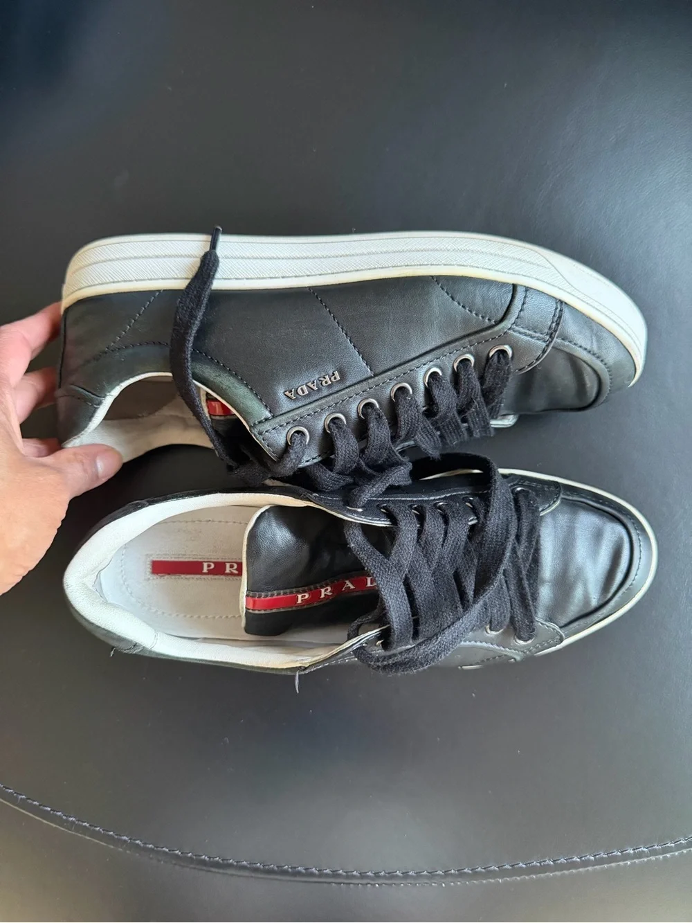 Prada Black Leather Low-Top Sneakers with White Trim